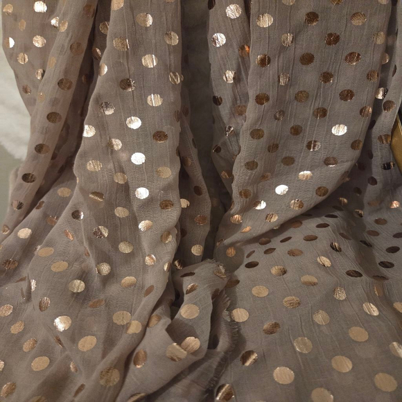 Printed Village 100% polyester beige scarf with metallic champagne color circles - Picture 5 of 8
